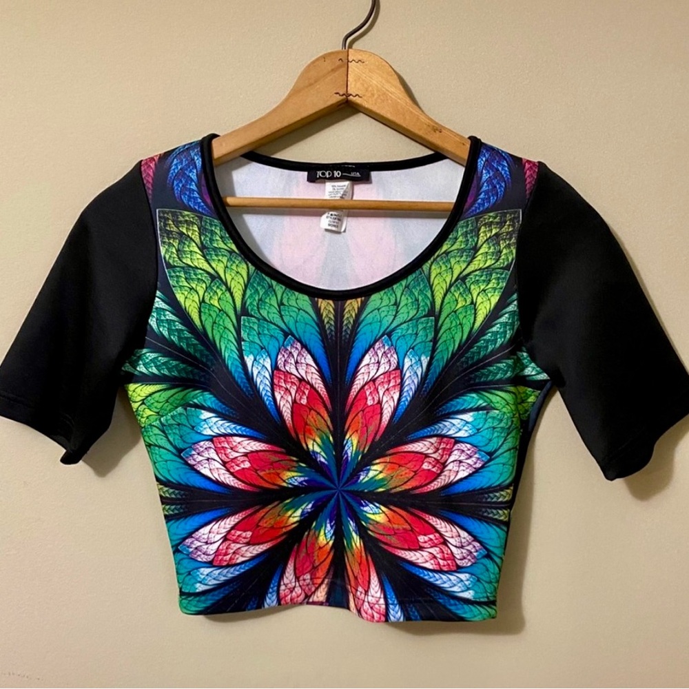 Vintage 90s Top 10 Crop Top Psychedelic Flower of Life Colorful Rainbow Small Sm
